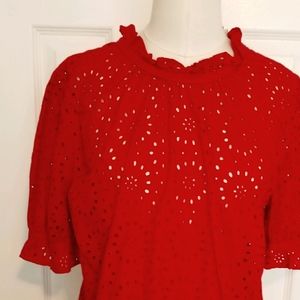 Madewell Embroidered Eyelet Ruffle-Neck Top